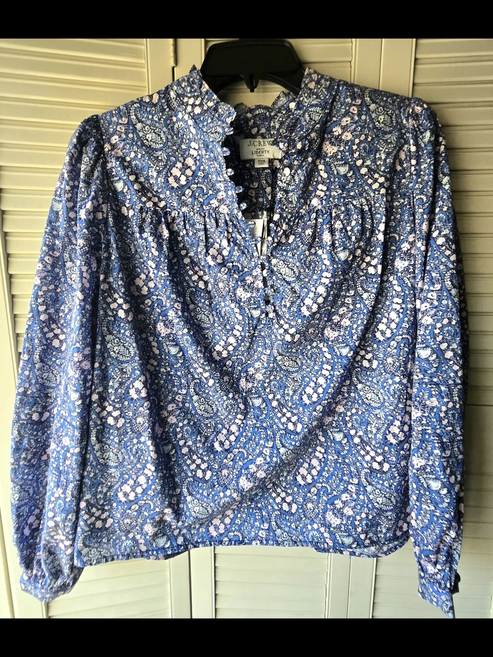 NWT J. Crew Liberty Blue Paisley Floral Button-Front Popover Blouse Cotton XXS